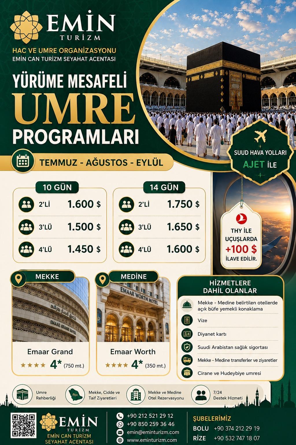 Temmuz-Ağustos-Eylül aylarında  Ekonomik  Yürüme mesafeli Otellerde 10 - 14 Günlük  UMRE PROĞRAMLARI